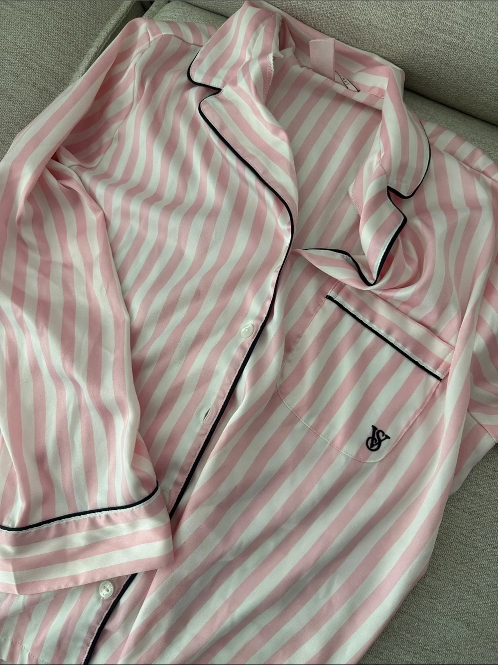VICTORIA SECRET Striped Pink and White Satin Pajama Set with Black Trim - Picture 3 of 5